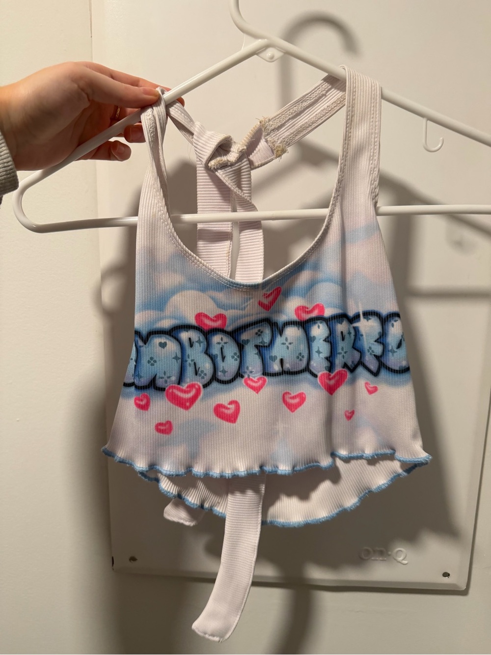 Dolls Kill White Pink Blue Graffiti Heart Crop Tank